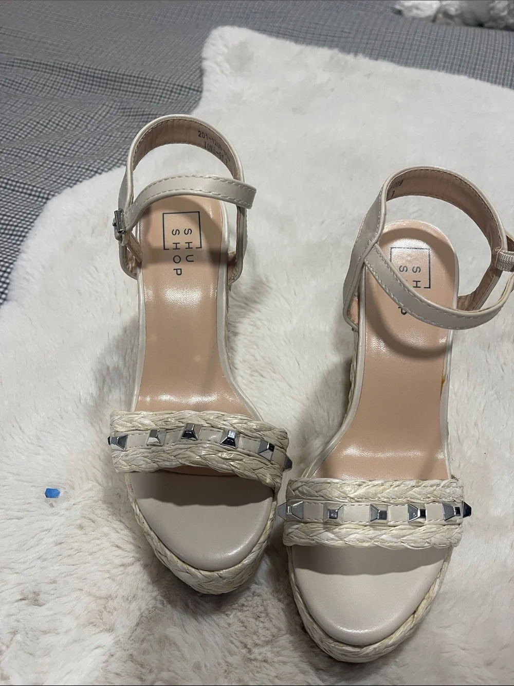 ShuShop Cream Espadrille Wedge Sandals with Silver Studs